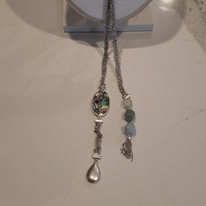 Turq/blues long silver necklace, wear many ways!
